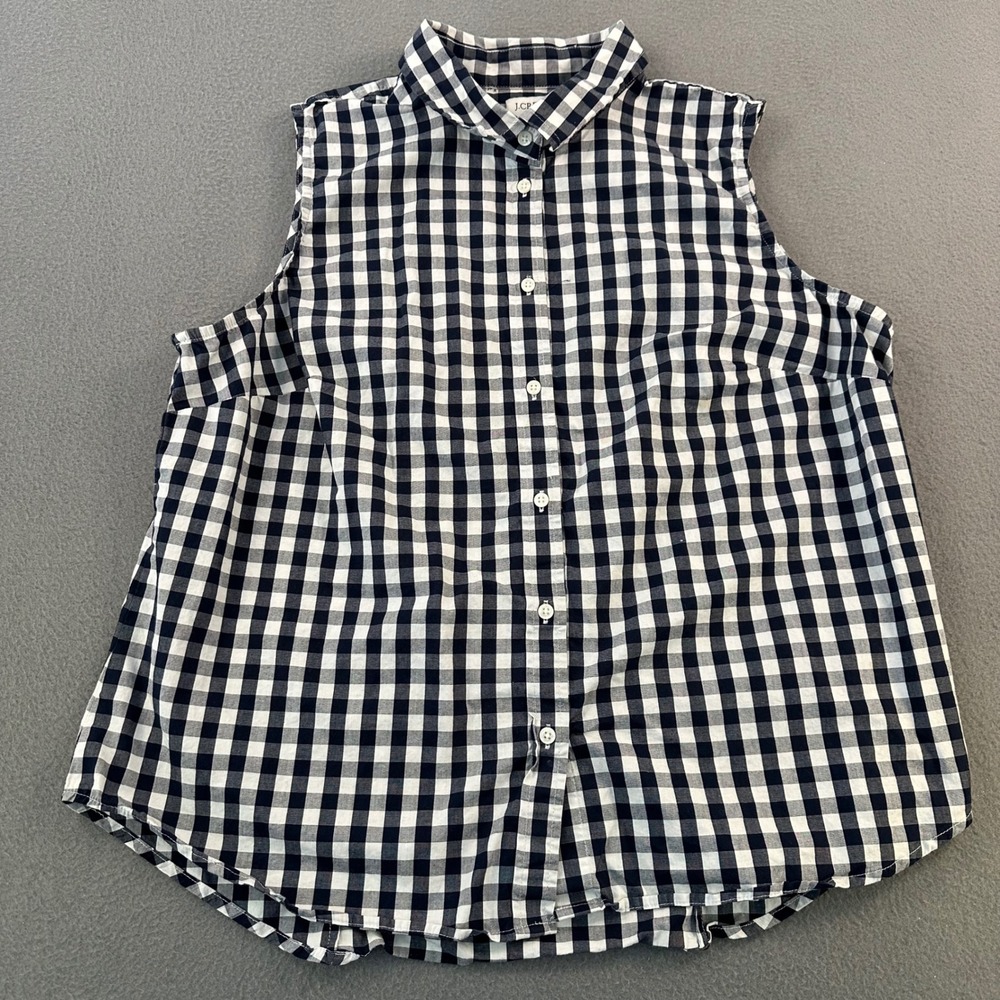 J.Crew Womens XL Navy Blue White Gingham Sleeveless Button Down Shirt Cotton